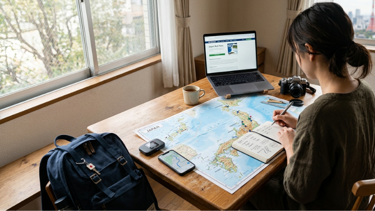 窓際の机で日本地図を広げ、ノートパソコンやノートを使って旅行計画を立てている人。机の上にはカメラ、スマートフォン、コーヒーカップ、バックパックが置かれている。